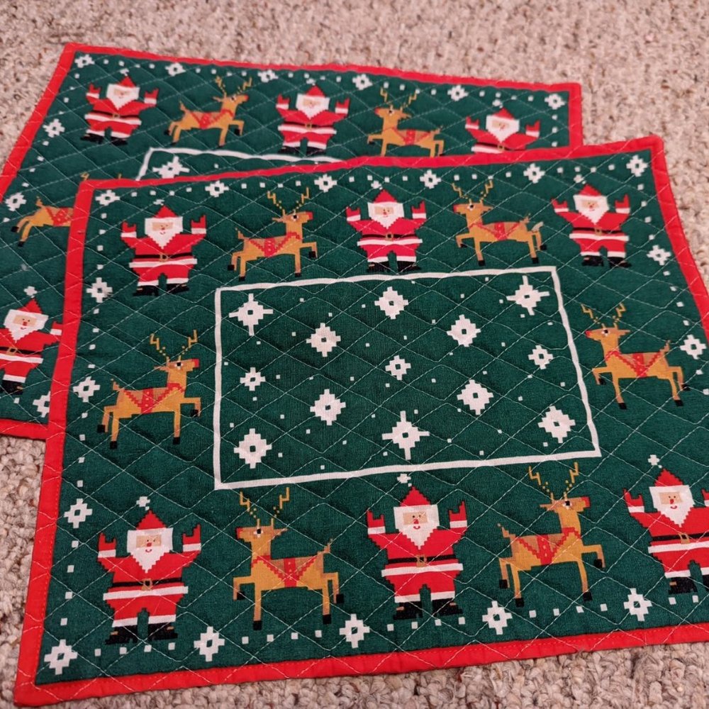 Lot of 2 Green, Red & White Fabric Christmas Placemats Santa & Reindeer